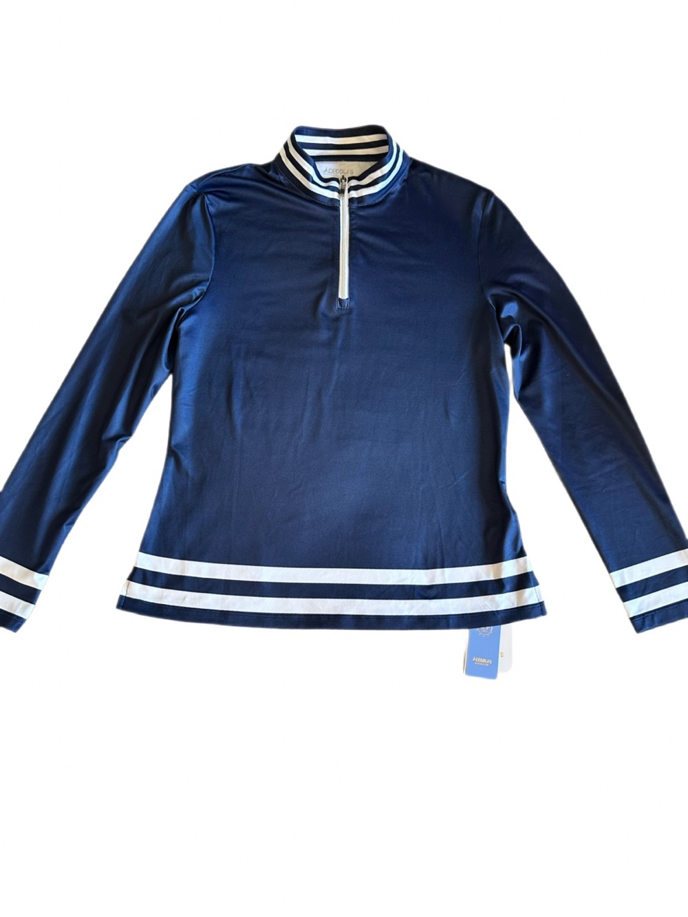 Acegolfs Navy Blue Quarter Zip Golf Pullover Top with Striped Trim Size S NWT